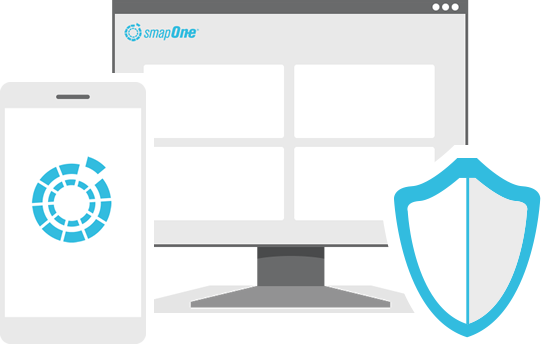 Graphic depicting a smartphone and desktop screen with a shield security symbol. smapOne Digital Transformation